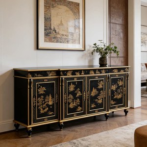 Meuble <span class=keywords><strong>d</strong></span>'<span class=keywords><strong>entrée</strong></span> en bois massif noir et or style rétro, quatre portes, structure intégrée, rangement pour salon et <span class=keywords><strong>entrée</strong></span> - Product Image 3