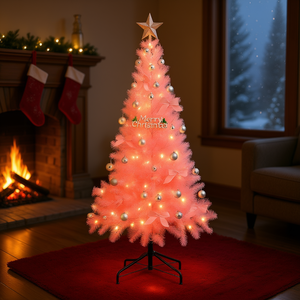 Sapin de Noël artificiel 6FT 7FT avec lumières LED blanc chaud 300 ampoules, support métallique, arbre décoratif rose pour intérieur - Product Image 2