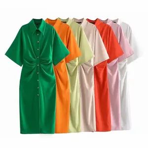 Wholesale new fashion summer women's 2022 pleated shirt style solid color medium length dress