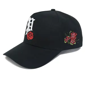 Fashion Custom Black Sport Cap Custom Embroidery baseball cap 3D logo curved brim rose logo on side