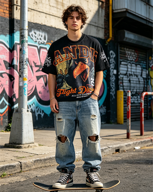 Custom Vintage Heavyweight Washed 100% Cotton Black Tee Distressed Rhinestone Graphic HD Print Oversized Anti-Pilling Breathable