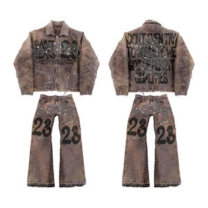 Set Giacca e <span class=keywords><strong>Jeans</strong></span> Vintage da <span class=keywords><strong>Uomo</strong></span>, Design con Ricami e Patchwork, Outfit Streetwear Retrò, Personalizzabile, Direttamente dalla Fabbrica - Product Image 1