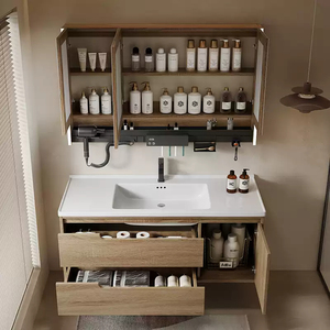 Wood color smart wall-mounted bathroom <b>vanity</b> cabinet with <b>LED</b> smart <b>mirror</b> waterproof and moisture-proof washbasin - Product Image 4