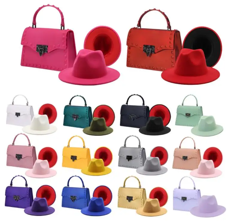 Hüte Hut Set passende Taschen 2021 Damen Handtaschen Frauen Hand Gelee Geldbörsen zweifarbige Farbe Lil Girls Fedora und Geldbörse Sets