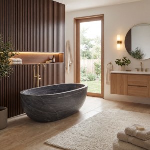 Baignoires ovales modernes sur mesure de luxe, exclusives en bois gris/marbre Serpeggiante, autoportantes, pour salle de bain, villa, hôtel - Product Image 6