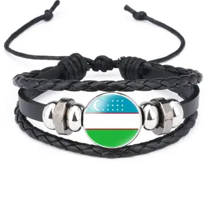 Asian national flags,Uzbekistan flag cowhide bracelets, black handmade woven bracelets