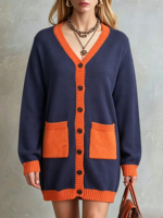 Cardigan en tricot élégant pour femme, style vintage, color block, respirant, col en V, boutonné, coupe oversize, long, avec poches, personnalisable