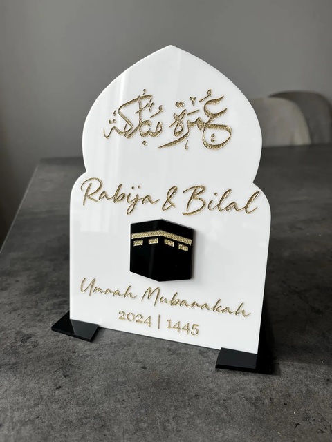 Personalized Acrylic Umrah/Hajj Mubarak Kaba Decoration Islamic Wall Art Gift for Eid-Lucite Arabic Calligraphy Sign-Home Decor