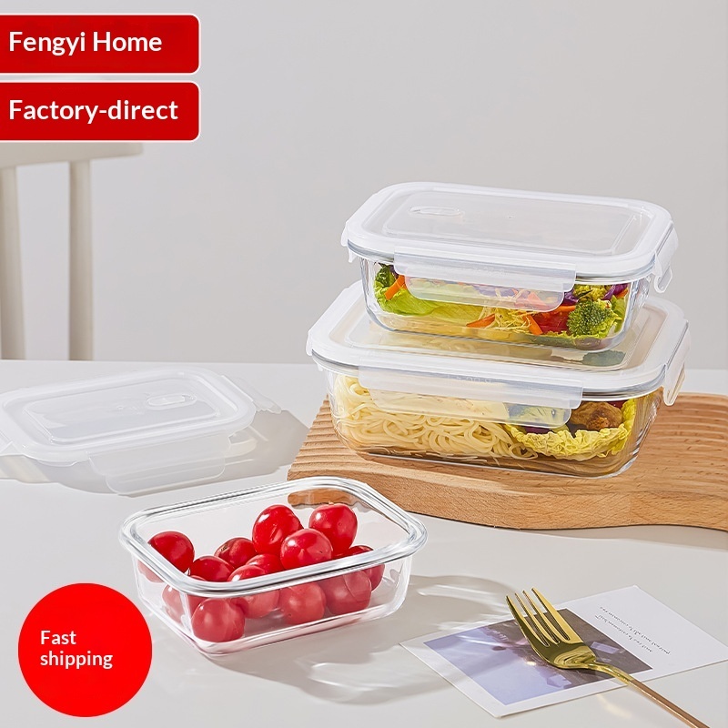 Transparent Rectangular Glass Heatable Fresh-Keeping BPA Free Microwave Safe Large Capacity Lunch Box Lid Carton Packed Kitchen