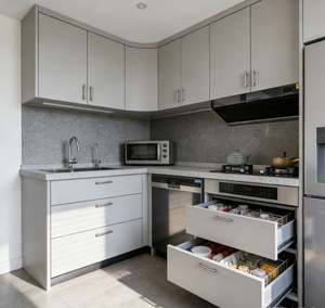 Meubles de cuisine personnalisés en bois recyclé écologique avec évier, robinet, charnières, design modulaire, glissières de tiroir en MDF pour maison moderne et écoresponsable - Product Image 5