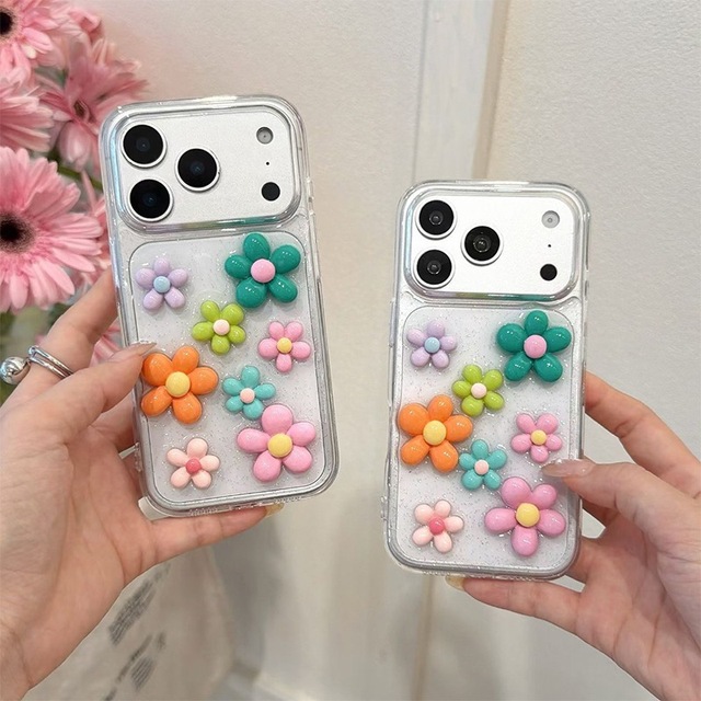 For 17 Pro Max Solid Color 3D Flowers Glitter TPU Phone Case Transparent Simple Women Korean Style Phone Cover for iphone 16 15