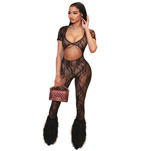 Pantalones largos recortados de verano Channel 2024 para mujer, monos de encaje transparente para Club, Sexy, - Product Image 3