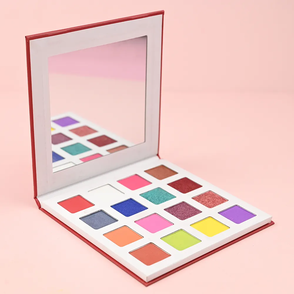 Paleta cosmética roja y blanca Paleta de sombras de ojos mate brillante 16 tonos de luz Forma cuadrada Belleza