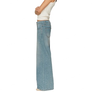 Precio al por mayor Jeans de mezclilla para mujer, estilo holgado, de cintura baja, sexys, con cristales y de pierna ancha - Product Image 2