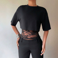 Camiseta de mujer de manga corta sexy con encaje y patchwork, ajustada, hueca, de dos piezas, para verano 2026