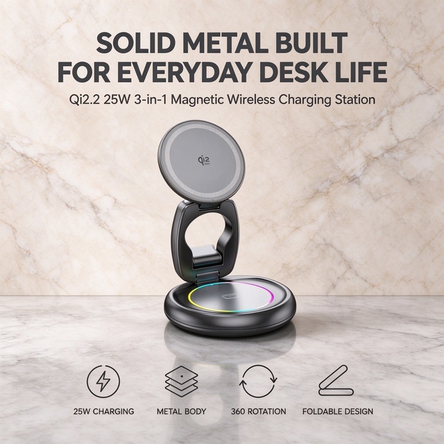 Portable Wireless Charger Station 3 in 1 Magnetic Qi2.2 25W Fast Charging Zinc Alloy 360 Rotation Foldable Factory Wholesale OEM