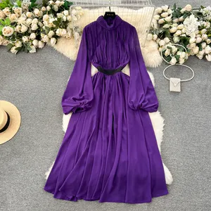 批发紫色连衣裙2023秋冬新款优雅高领重工折叠长泡泡袖女装