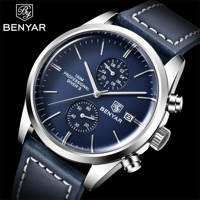 BENYAR 2022 Men's Quartz Chronograph Wristwatch Fashion Brand 100M Waterproof Sports Watch with Leather Band New Model 5187