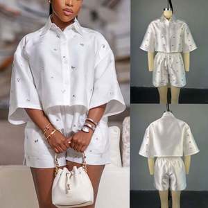 I-0608 Nueva Llegada Camisa de Manga Larga con Solapa, Traje Casual de Color Liso con Pantalones Cortos de Pierna Ancha, Top Casual de Color Liso y Pantalones Cortos de Pierna Ancha - Product Image 1