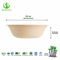 Bol à salade rond en bagasse de canne à sucre biodégradable Sumkoka 24oz 32oz, jetable, compatible micro-ondes, qualité alimentaire, avec couvercle