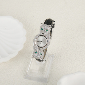 S925 jam tangan kuarsa klasik modis perak murni jam tangan kulit kuarsa macan tutul mengkilap zirkon untuk hadiah pesta wanita - Product Image 2