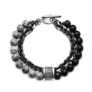 Pulsera de cadena de bolas y eslabones con cuentas de piedra esmerilada para hombre, doble capa, hebilla OT, aleación, estilo punk, regalo de joyería, diseño geométrico - Product Image 5