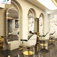 Miroirs de salon de coiffure ovales grands, modernes, portables, décoratifs, en verre, dorés, sur pied, avec éclairage, vente en gros