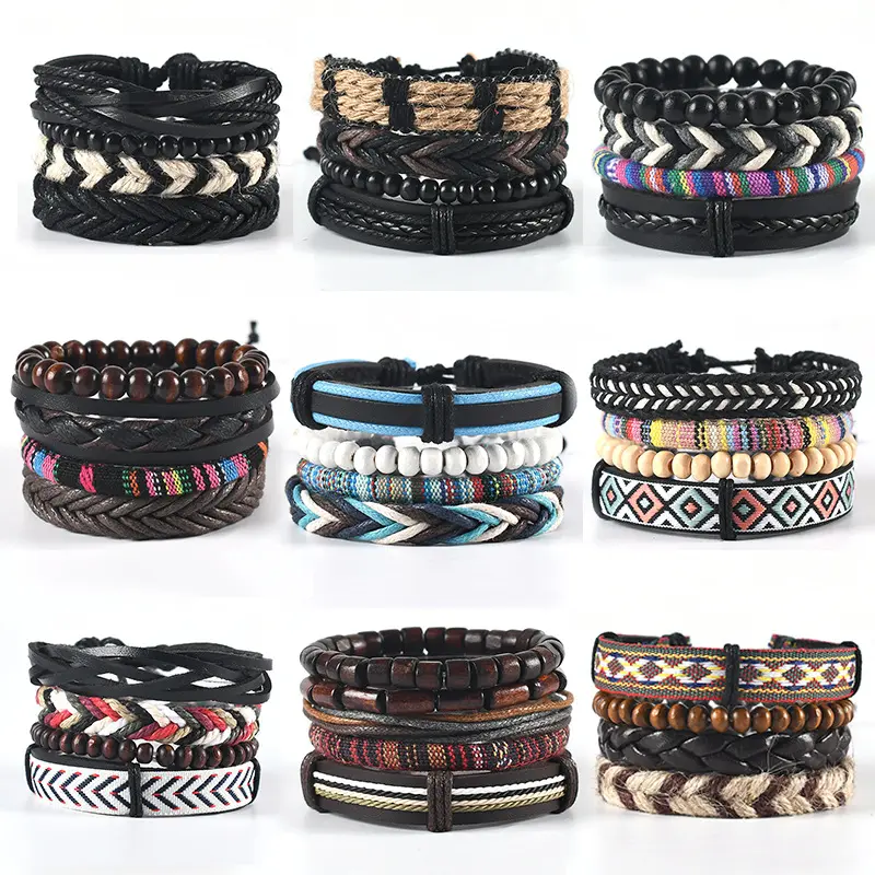 2022 New Braided Leather Wrap Wood Beads Woven Ethnic Tribal Rope Wristbands Mens Wooden Bracelet Set