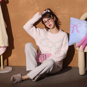 TPY0 Winter Women's Two Piece Set Polyester Breathable Cute Sweet Style Long Tops <strong>Pants</strong> Solid Home Pajamas - Product Image 4