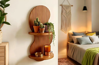 Étagères flottantes en pin à lattes verticales ondulées à 2 niveaux, style moderne du milieu du siècle, bohème rustique, marron, support amovible pour plantes suspendues