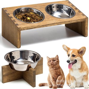 Soporte elevado de madera para comederos de mascotas (gatos y perros) con cuencos de acero inoxidable, estación de alimentación dual, diseño sencillo - Product Image 1