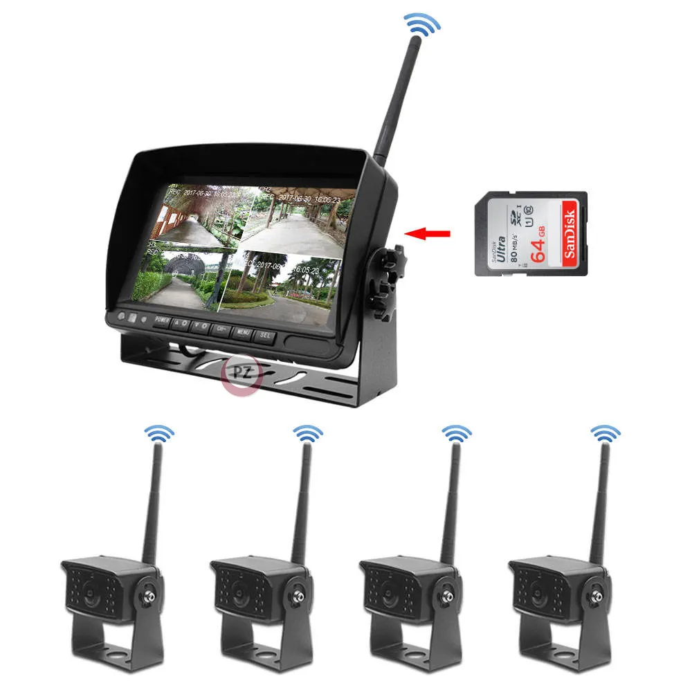 DVR inalámbrico con 4 cámaras de respaldo, sistema de aparcamiento para carretilla elevadora, autobús, visión nocturna IR, 1080P, impermeable, con Monitor de visión trasera de 7 pulgadas