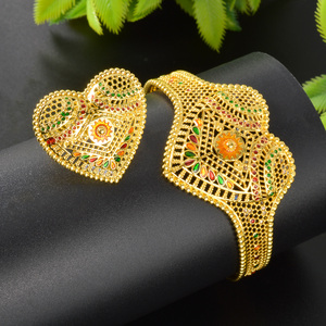 Filigree Openwork Colorful Heart Copper 18k Gold Plated <b>Women</b> Vintage Luxury Wholesale Cuff Bracelet <b>Ring</b> <b>Set</b> - Product Image 5