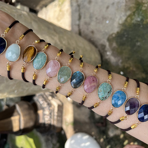 Summer Collection Double Side Faceted Natural Stone Oval <strong>Gold</strong> Charm Adjustable Handmade <strong>Bracelet</strong> for <strong>Kids</strong> Girl Woman and Man - Product Image 3