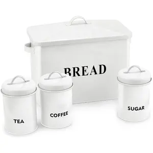 Küchen brot Aufbewahrung kanister Set mit 3 runden Kaffee Zucker Tee Glas Große Laib Brot Box Metall Brot behälter Weiß