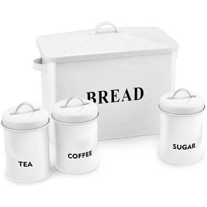 Nhà bếp bánh mì lưu trữ hộp thiết lập với <span class=keywords><strong>3</strong></span> vòng cà phê đường trà <span class=keywords><strong>Jar</strong></span> lớn ổ bánh mì hộp kim loại bánh mì bin Trắng - Product Image 1