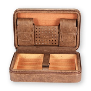 JOFI <b>Cigar</b> Case Portable Cedar Wood Leather Humidor Cutter <b>Lighter</b> Storage Bag Vintage Design Rectangular Shape Black Brown - Product Image 1