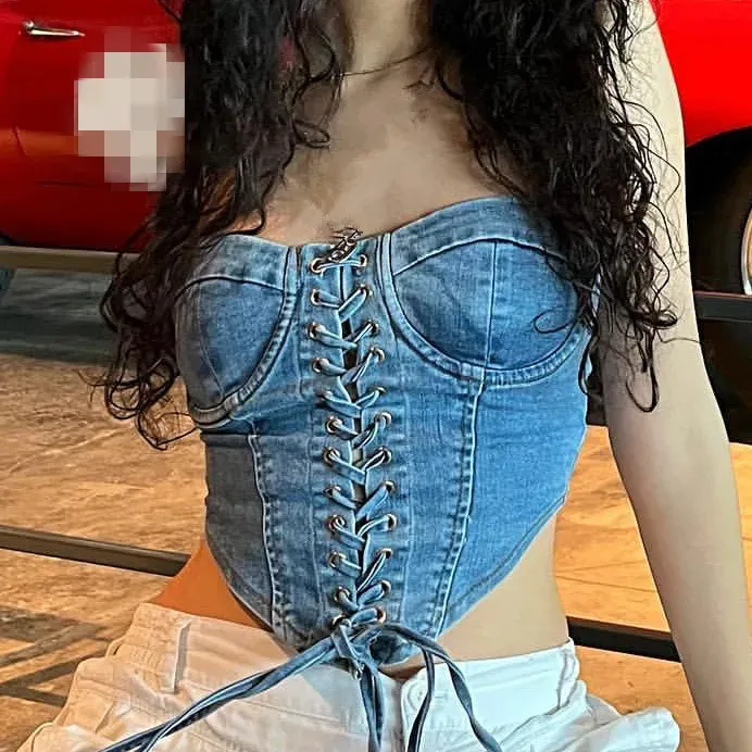 Streetwear Unique Summer Hollow Out Sexy Irregular Asymmetrical Short Lace Up Corset Denim Jeans Clothes Vest Women'S Tank Top