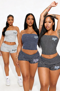 Ensemble deux pièces rayé personnalisé 2026, haut bandeau + <span class=keywords><strong>micro</strong></span>-short, ensemble coordonné sexy style Y2K doux et épicé pour femme - Product Image 2