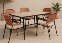 Chaise de salle à manger d'extérieur style nordique avec cadre en métal noir et dossier en rotin PE, avec coussin, pour patio et hôtel