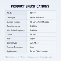 CPU Baru Laris Manis 4514Y Teknologi Speed Select 16C 32T 30MB L3 LGA 4677 PCIe 5.0 CPU High Density Gold 4514Y Prosesor Server