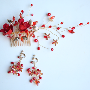 Promotion : <span class=keywords><strong>Couronne</strong></span> de <span class=keywords><strong>mariage</strong></span> en tissu à <span class=keywords><strong>fleurs</strong></span> rouges, peigne à cheveux perlé en alliage avec feuilles, ensembles de bijoux boucles d'oreilles, accessoires de <span class=keywords><strong>coiffure</strong></span> de mariée - Product Image 4