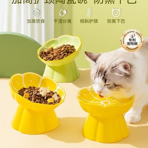 Ceramic Daisy <b>Cat</b> Food Bowl Elevated Slanted Rim Design For <b>Cats</b> Yellow - Product Image 1