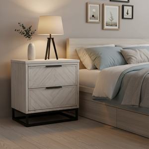 โต๊ะข้างเตียงไม้สไตล์วินเทจ 2 ลิ้นชัก พร้อมตกแต่งประตูแบบปาร์เก้ และฐานโลหะสีดำสำหรับห้องนอน - Product Image 1