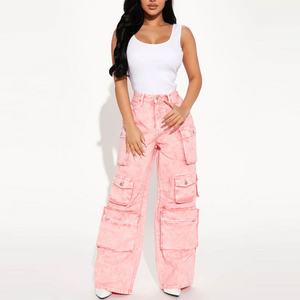 Pantalones Jogger Cargo de Algodón Ligero de Cintura Alta para Mujer, Estilo Urbano, con Logotipo Bordado Personalizado, Frente Plano, Teñido Liso para Otoño - Product Image 1