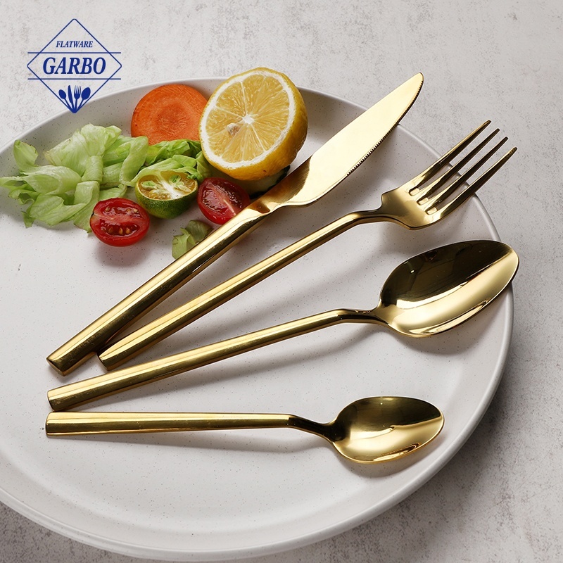 Wholesale 24pcs PVD Champagne Gold Stainless Steel 410/13-0 Cutlery Set Knife Fork Dinner Spoon Tea Spoon for Hotel Restaurant