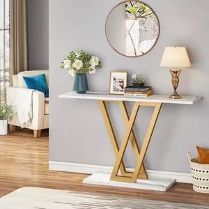 70.9 inch thêm dài sofa tableblack và vàng giao diện điều khiển Bảng với Faux đá cẩm thạch bàn hiện đại dài lối vào bảng với khung vàng - Product Image 6