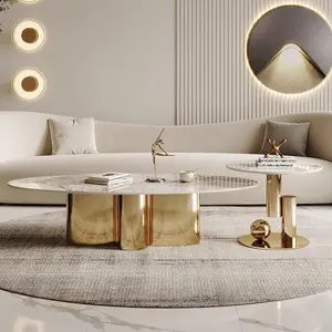 Rock Stone Top Modern Living Room Furniture Gold Mirror Stainless Steel Frame Center Table End tables