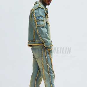 Conjunto de Dos Piezas de Chaqueta y Pantalones Vaqueros para Hombre, Estilo Vintage, Lavado, Ropa Urbana, Chaqueta y Pantalones Vaqueros de Alta Calidad - Product Image 2