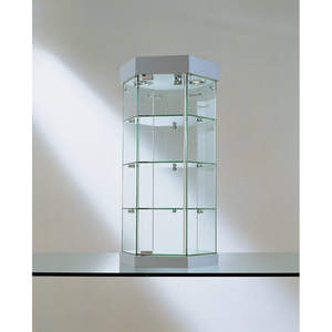 Vitrina hexagonal de mostrador de 75 cm de alto y 40 cm de ancho, de vidrio templado gris claro, con 3 estantes y puerta con cerradura. - Product Image 1